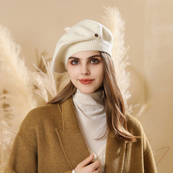 White Vintage Inspired Knitted Beret - Stretchy & Comfortable Wool Blend Cap