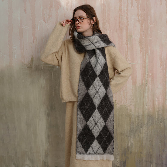 (Black+Grey)Two-Tone Argyle Pattern Scarf - Ladies&