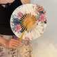 2 PCS Floral Bamboo Folding Hand Fan - Traditional Chinese Style Round Folding Design (Spring in the Garden)