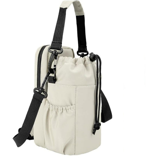 Beige Portable Crossbody Water Bottle Holder with Multiple Pockets - Thermal Cooler Bag