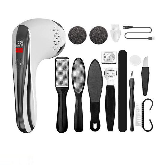 White Rechargeable Electric Foot Grinder with Suction - Complete 10-Piece Pedicure Kit