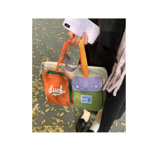 White Color Block Canvas Laptop Tote Bag - Funky Multi-Pocket Design for Women (37*31*3cm)
