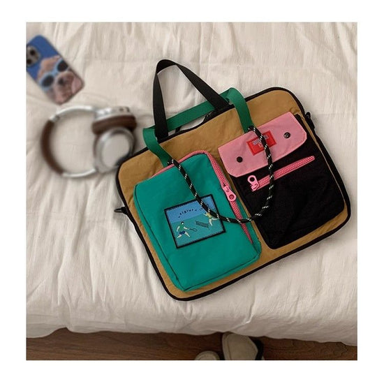 Black Color Block Canvas Laptop Tote Bag - Funky Multi-Pocket Design for Women (37*31*3cm)