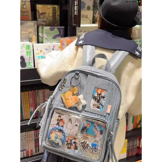 Light blue Large Capacity Anime Denim Bookbag for School Commute  Anime Fans