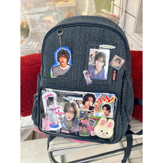 Dark blue Large Capacity Anime Denim Bookbag for School Commute  Anime Fans