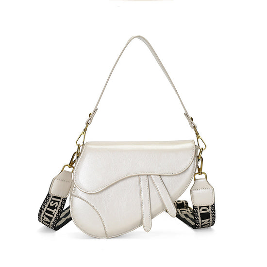 White Chic Saddle Crossbody Bag with Wide Guitar Strap - PU Leather