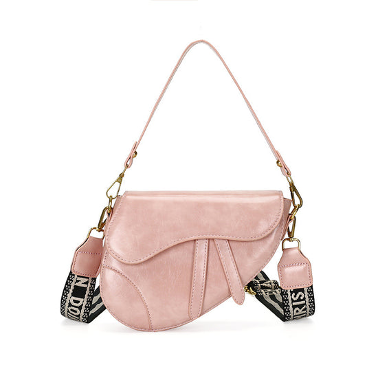 Pink Chic Saddle Crossbody Bag with Wide Guitar Strap - PU Leather