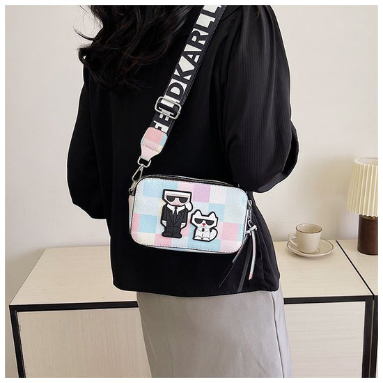 Pink plaid Unique Doodle Print PU Leather Bag - Lightweight Crossbody with Character