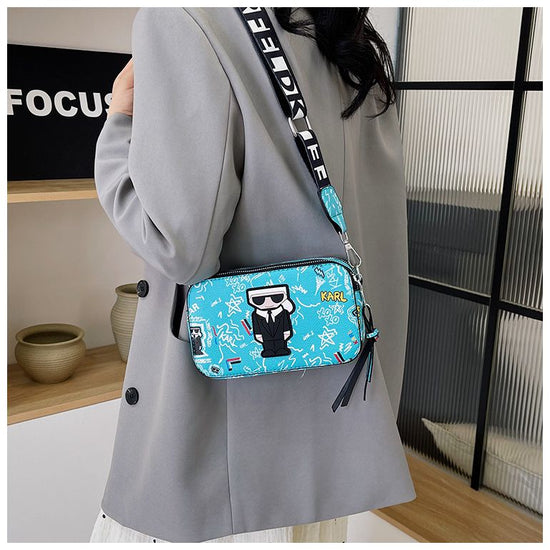 Blue Unique Doodle Print PU Leather Bag - Lightweight Crossbody with Character