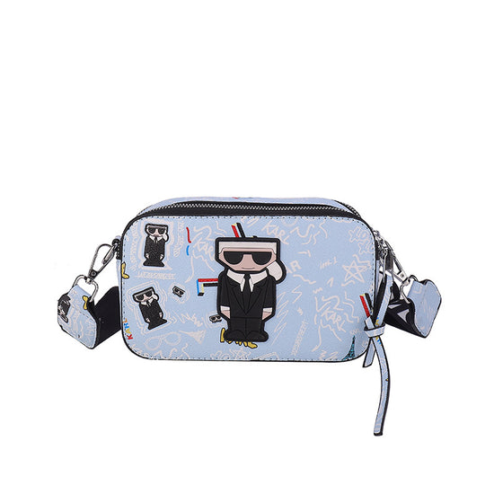 Light blue Unique Doodle Print PU Leather Bag - Lightweight Crossbody with Character