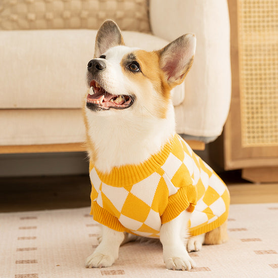 Classic Argyle Dog Sweater - Yellow & White Knit for Corgis & Medium Breeds (Size : S)