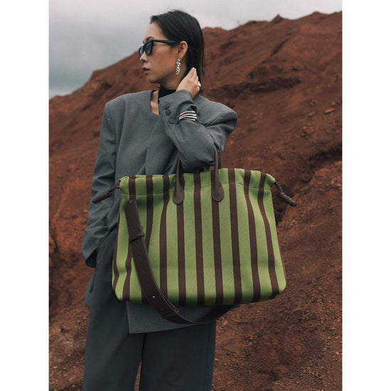 Large Capacity Canvas Tote Bag - Green Stripes, Drawstring Top, Leather Handles