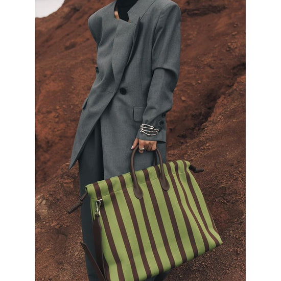 Large Capacity Canvas Tote Bag - Green Stripes, Drawstring Top, Leather Handles