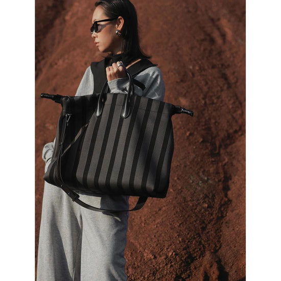 Large Capacity Canvas Tote Bag - Grey Stripes, Drawstring Top, Leather Handles