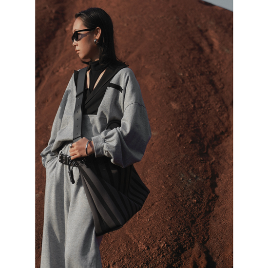 Large Capacity Canvas Tote Bag - Grey Stripes, Drawstring Top, Leather Handles