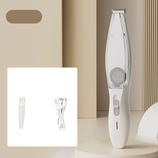 White Rechargeable Pet Grooming Clipper with Built-in Vacuum - Low Noise Hair Trimmer for Dogs & Cats