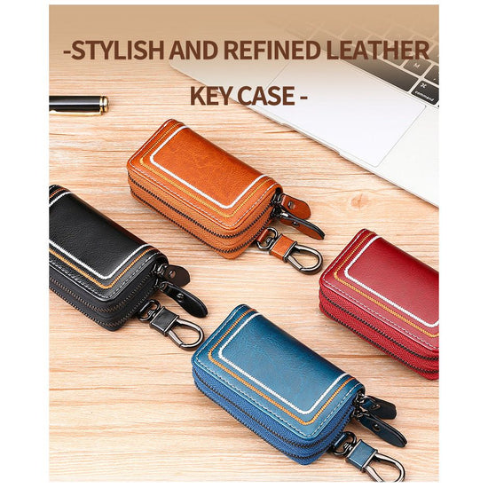 Blue Premium Genuine Leather Double Zipper Key Case - Car & House Key Organizer Pouch