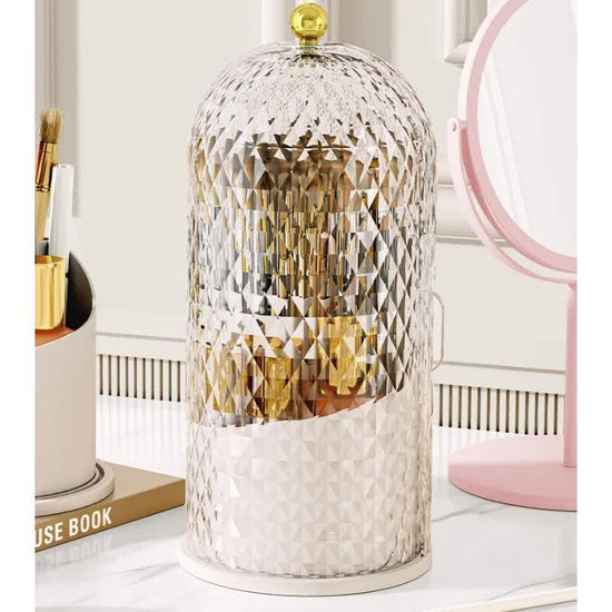 White Elegant 360 Rotating Makeup Brush Holder & Cosmetic Organizer with Dustproof Dome Lid(Makeup is a prop for shooting and is not included)
