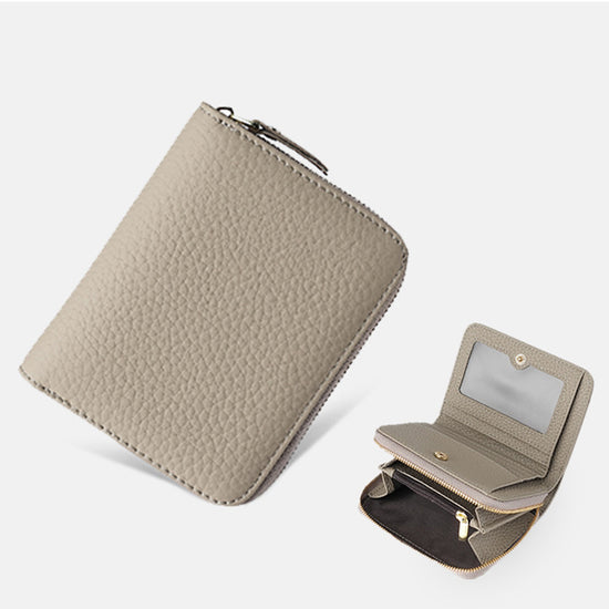 Grey Compact RFID Genuine Leather Wallet for Women - Secure Zipper Card Holder & Coin Purse