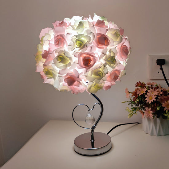 Pink,Green Roses And Silver Base Romantic Red Rose Flower Table Lamp - Crystal Heart Accent Bedside Night Light