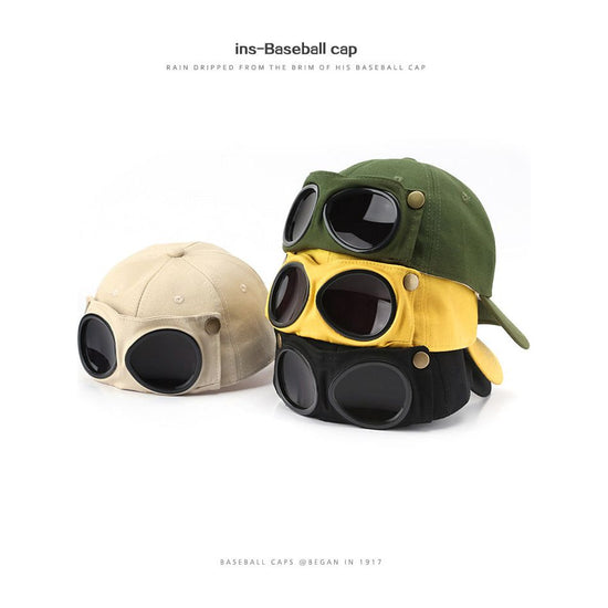 Black Stylish Aviator Goggle Baseball Cap - Unisex Outdoor Cotton Sun Hat