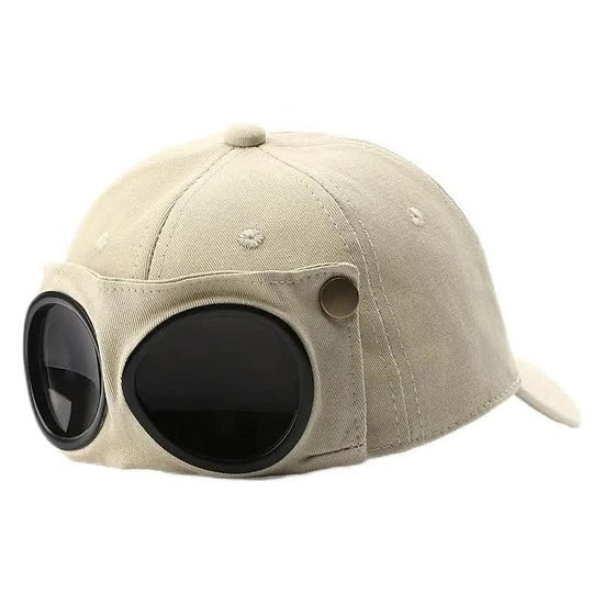 Beige Stylish Aviator Goggle Baseball Cap - Unisex Outdoor Cotton Sun Hat