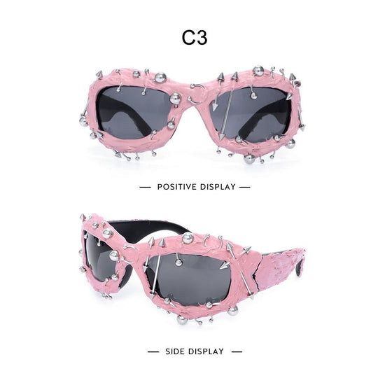 Pink Edgy Punk Rock Spiked Sunglasses - Statement Goth Studded Eyewear
