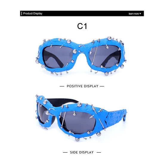 Blue Edgy Punk Rock Spiked Sunglasses - Statement Goth Studded Eyewear