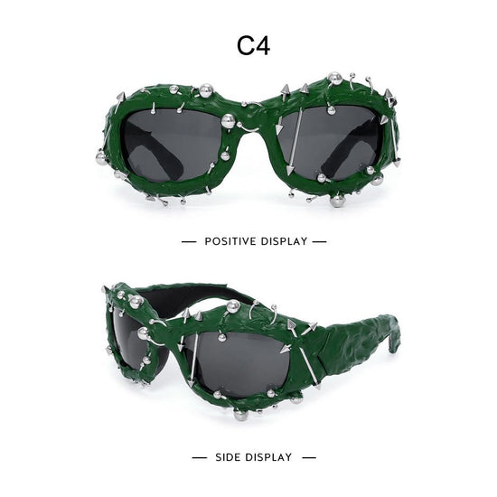 Green Edgy Punk Rock Spiked Sunglasses - Statement Goth Studded Eyewear