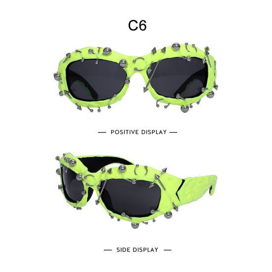 Bright Green Edgy Punk Rock Spiked Sunglasses - Statement Goth Studded Eyewear