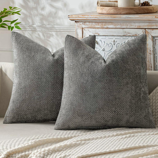 Grey Plush Chenille Cushion Covers Set of 2 - Soft Textured Decorative Throw Pillow Cases for Sofa Couch, 45x45cm