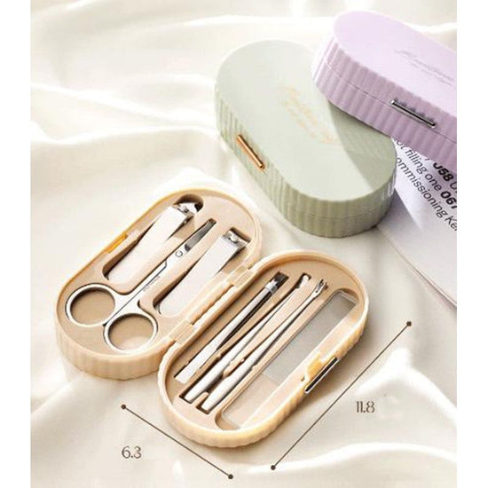 Beige Compact 7-Piece Manicure Set - Stainless Steel Nail Grooming Kit with Stylish Travel Case