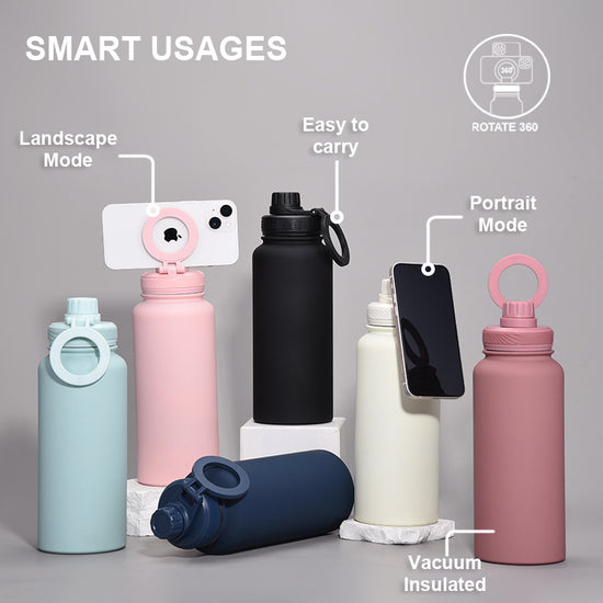 Beige 1L Stainless Steel Water Bottle with Magnetic Phone Holder Lid - Portable Hydration & Hands-Free Stand