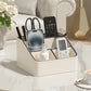 White and Black Stylish PU Leather Desktop Organizer Caddy - Multi-Compartment Holder for Remotes, Office Supplies, Makeup