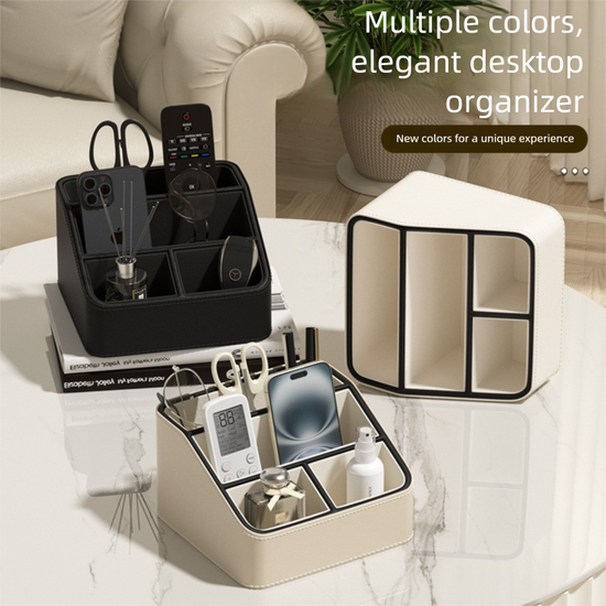 Beige and Black Stylish PU Leather Desktop Organizer Caddy - Multi-Compartment Holder for Remotes, Office Supplies, Makeup