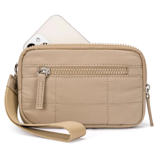 Khaki RFID Blocking Nylon Wristlet Clutch Wallet - Compact Waterproof Pouch with Card Slots & ID Window