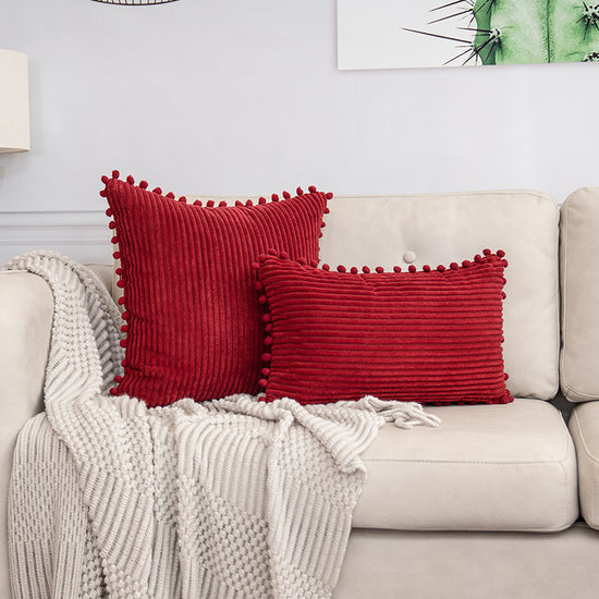 Red Soft Corduroy Cushion Cover Set (1 Square + 1 Rectangular) with Pom Pom Trim - Decorative Throw Pillow Cases for Sofa Couch