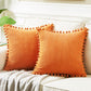 Orange Soft Corduroy Cushion Covers with Pom Pom Trim - Set of 2 Decorative Throw Pillow Cases for Sofa Couch Bed, 45x45cm