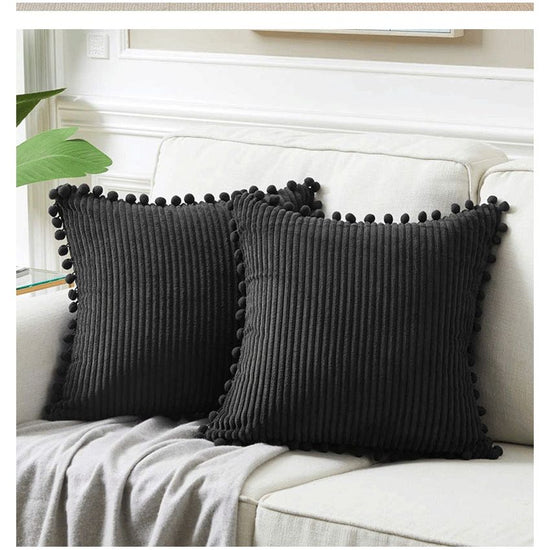 Black Soft Corduroy Cushion Covers with Pom Pom Trim - Set of 2 Decorative Throw Pillow Cases for Sofa Couch Bed, 45x45cm