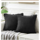 Black Soft Corduroy Cushion Covers with Pom Pom Trim - Set of 2 Decorative Throw Pillow Cases for Sofa Couch Bed, 45x45cm