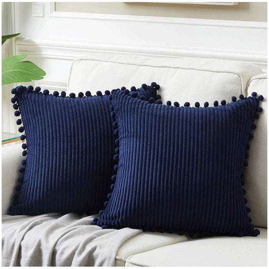Navy Blue Soft Corduroy Cushion Covers with Pom Pom Trim - Set of 2 Decorative Throw Pillow Cases for Sofa Couch Bed, 45x45cm