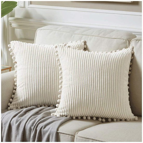 White Soft Corduroy Cushion Covers with Pom Pom Trim - Set of 2 Decorative Throw Pillow Cases for Sofa Couch Bed, 45x45cm
