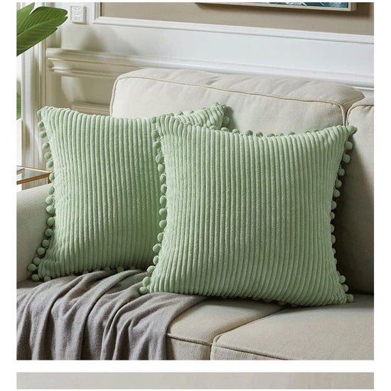 Light Green Soft Corduroy Cushion Covers with Pom Pom Trim - Set of 2 Decorative Throw Pillow Cases for Sofa Couch Bed, 45x45cm