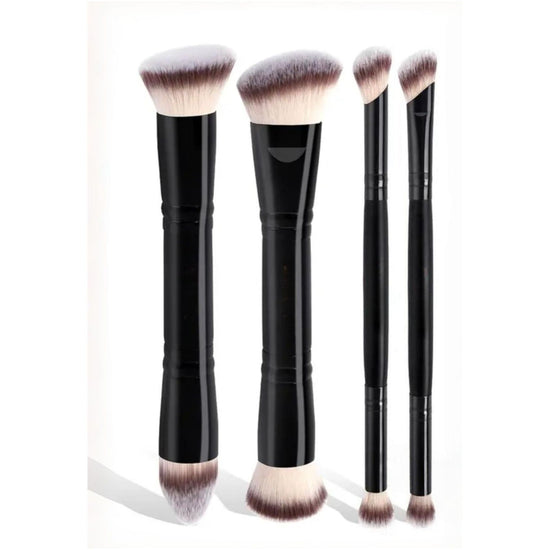 Black Versatile 4pc Dual-Ended Makeup Brush Set - Soft Synthetic Bristles for Foundation Blush Contour Concealer