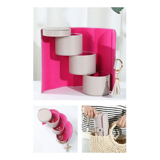 Beige and Pink Elegant 3-Tier Cylindrical Travel Jewellery Box - PU Leather Organizer for Rings Earrings Necklaces with Tassel Charm