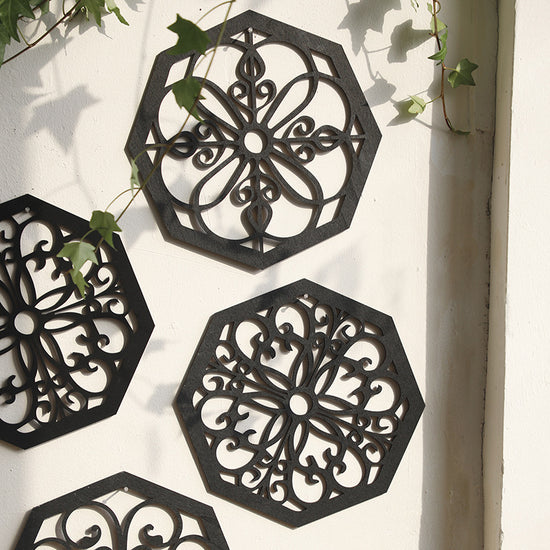 Black Set of 4 Intricate Wooden Octagonal Wall Art - European Style Mandala Decor Plaques