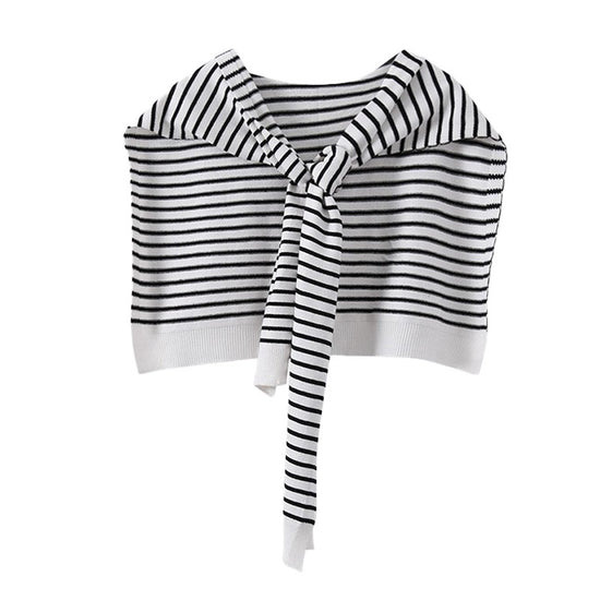 White Chic Striped Knit Tie-Front Shawl - Lightweight Versatile Layering Capelet for Women
