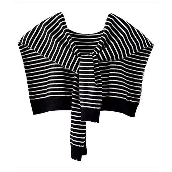 Black Chic Striped Knit Tie-Front Shawl - Lightweight Versatile Layering Capelet for Women