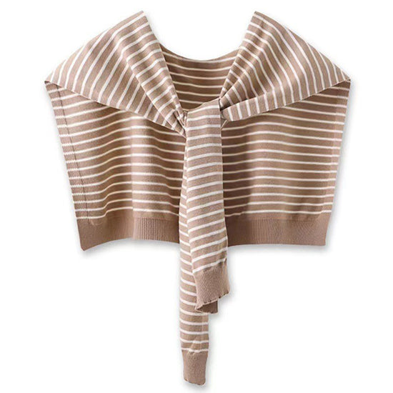 Khaki Chic Striped Knit Tie-Front Shawl - Lightweight Versatile Layering Capelet for Women