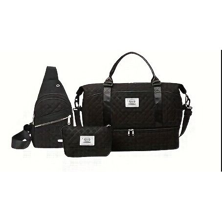 Black Chic 3-Piece Quilted Travel Bag Set - Duffel, Crossbody Sling & Toiletry Pouch - Large Capacity & Lightweight